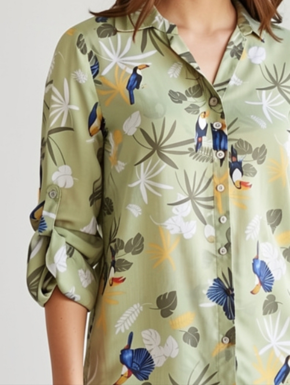 M🦜Tropical Light Green Button-Down Shirt
